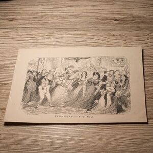 "February - First Rout" 19th century etching by illustrator George Cruikshank